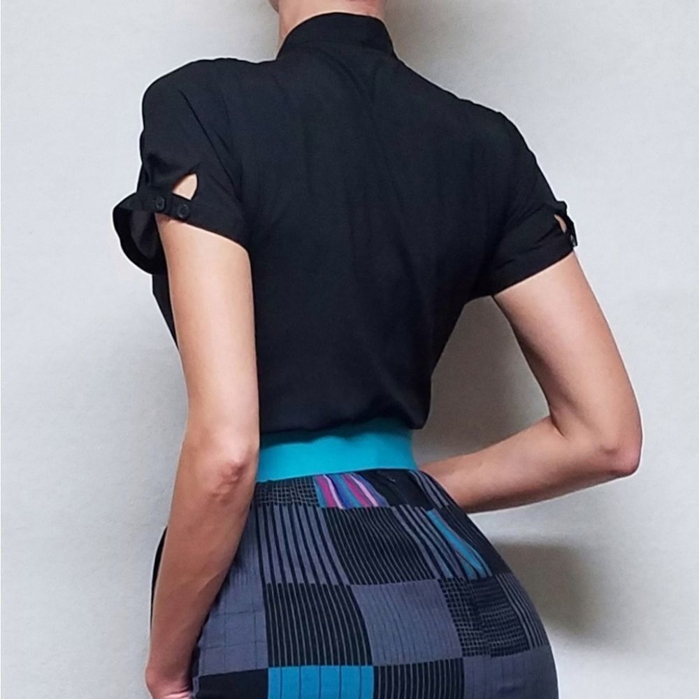 Ms. Interpret Vintage 70s Black Lavallière Patchwork Pencil Skirt Belted Outfit - Picture 6 of 16